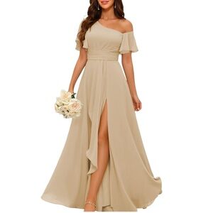 Champagne Bridesmaid Dress Neutral Size 12 One Shoulder Slit Chiffon Formal